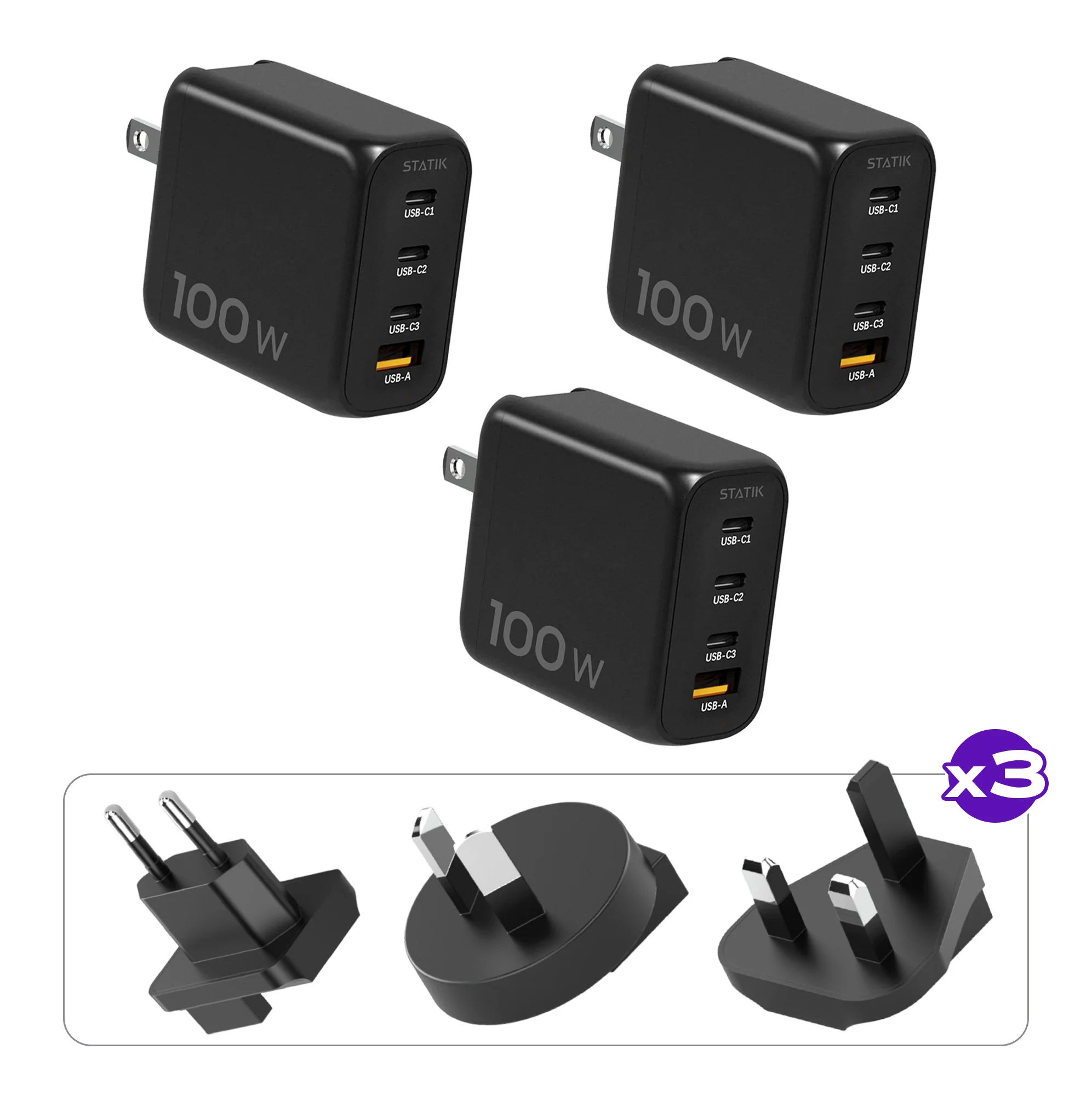 3 Pack 100W GaN Charger Global | Includes 3 Sets of International Plug Adapters (EU, UK, AU)
