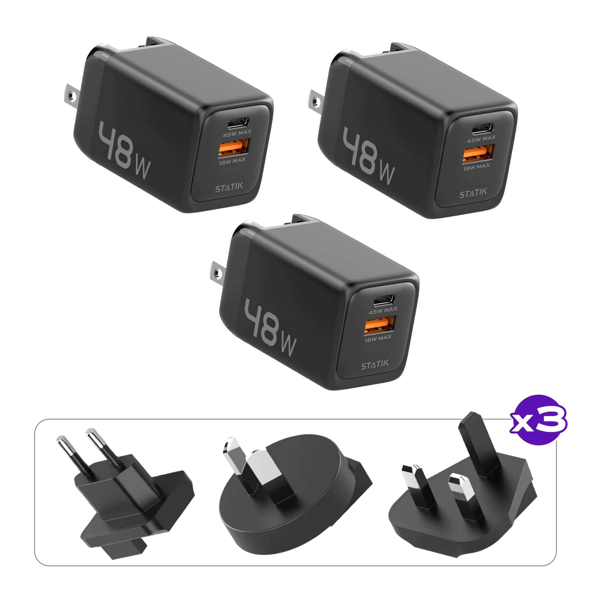 3 Pack 48W GaN Charger Global | Includes 3 Sets of International Plug Adapters (EU, UK, AU)