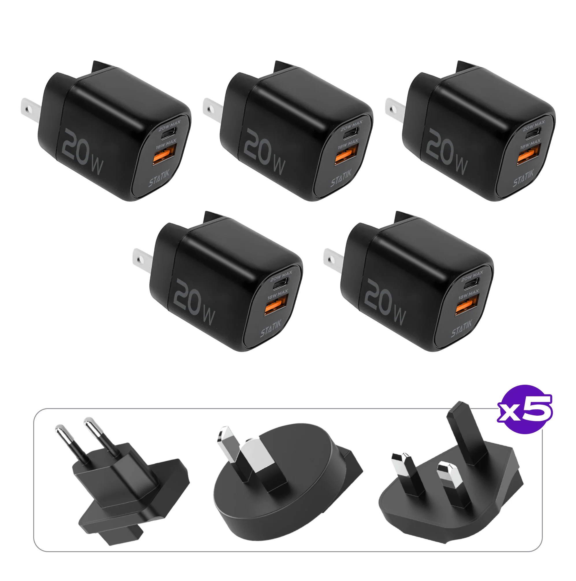 5 Pack 20W GaN Charger Global | Includes 5 sets of International Plug Adapters (EU, UK, AU)