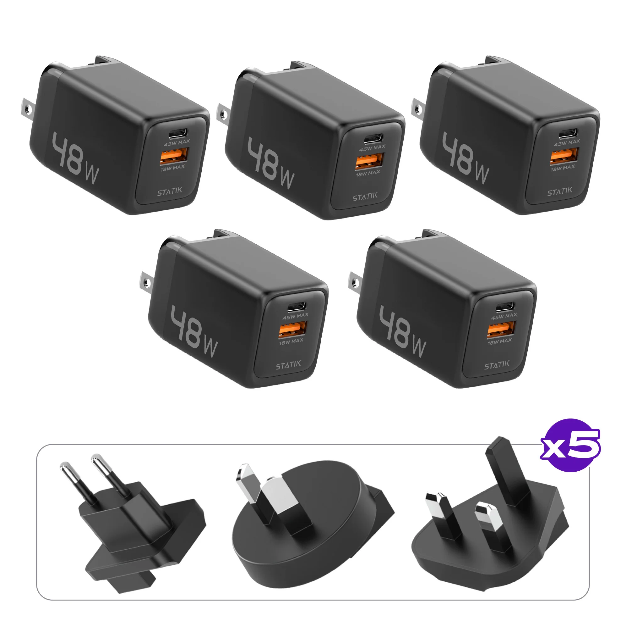 5 Pack 48W GaN Charger Global | Includes 5 Sets of International Plug Adapters (EU, UK, AU)