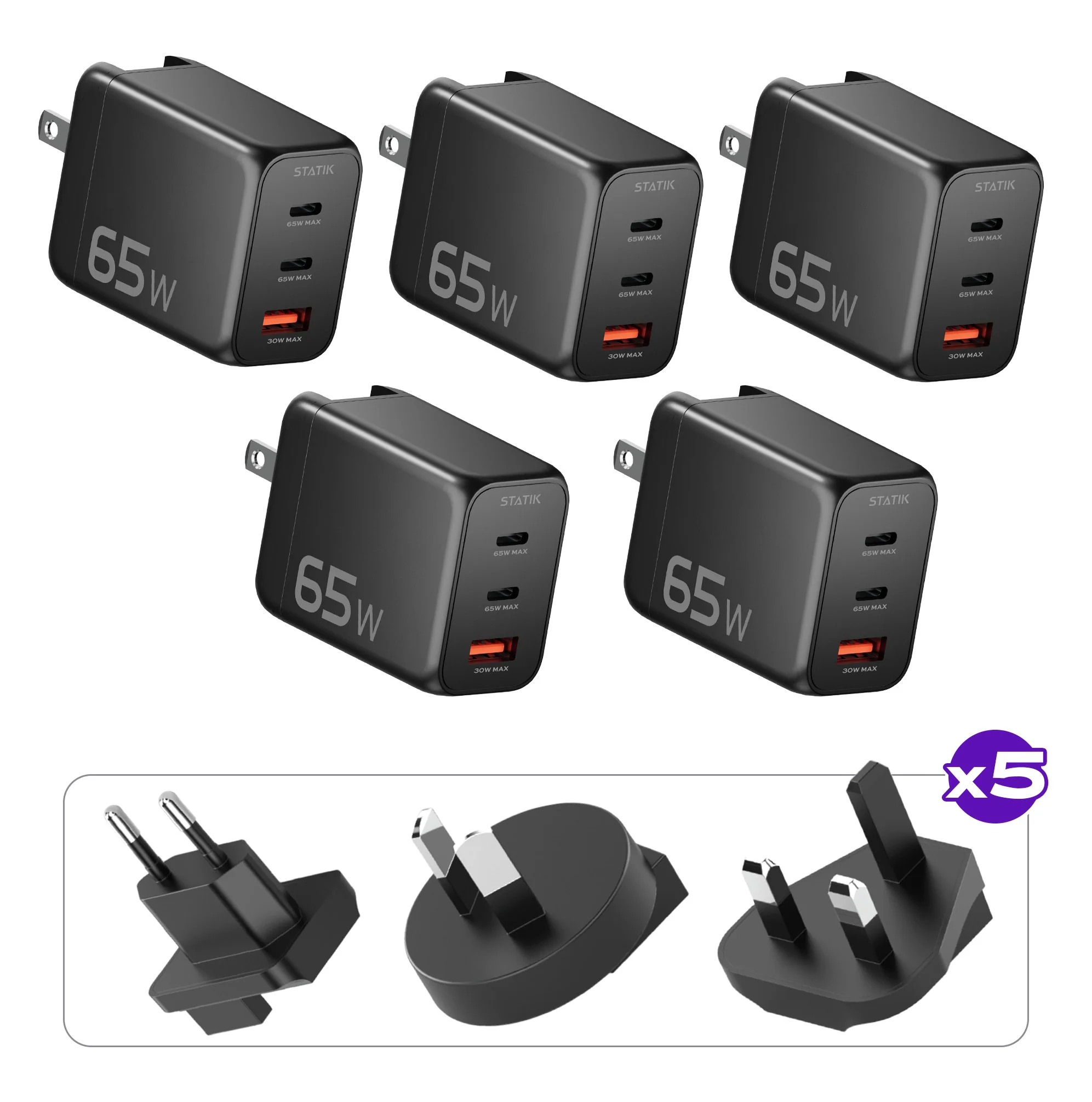 5 Pack 65W GaN Charger Global | Includes 5 Sets of International Plug Adapters (EU, UK, AU)