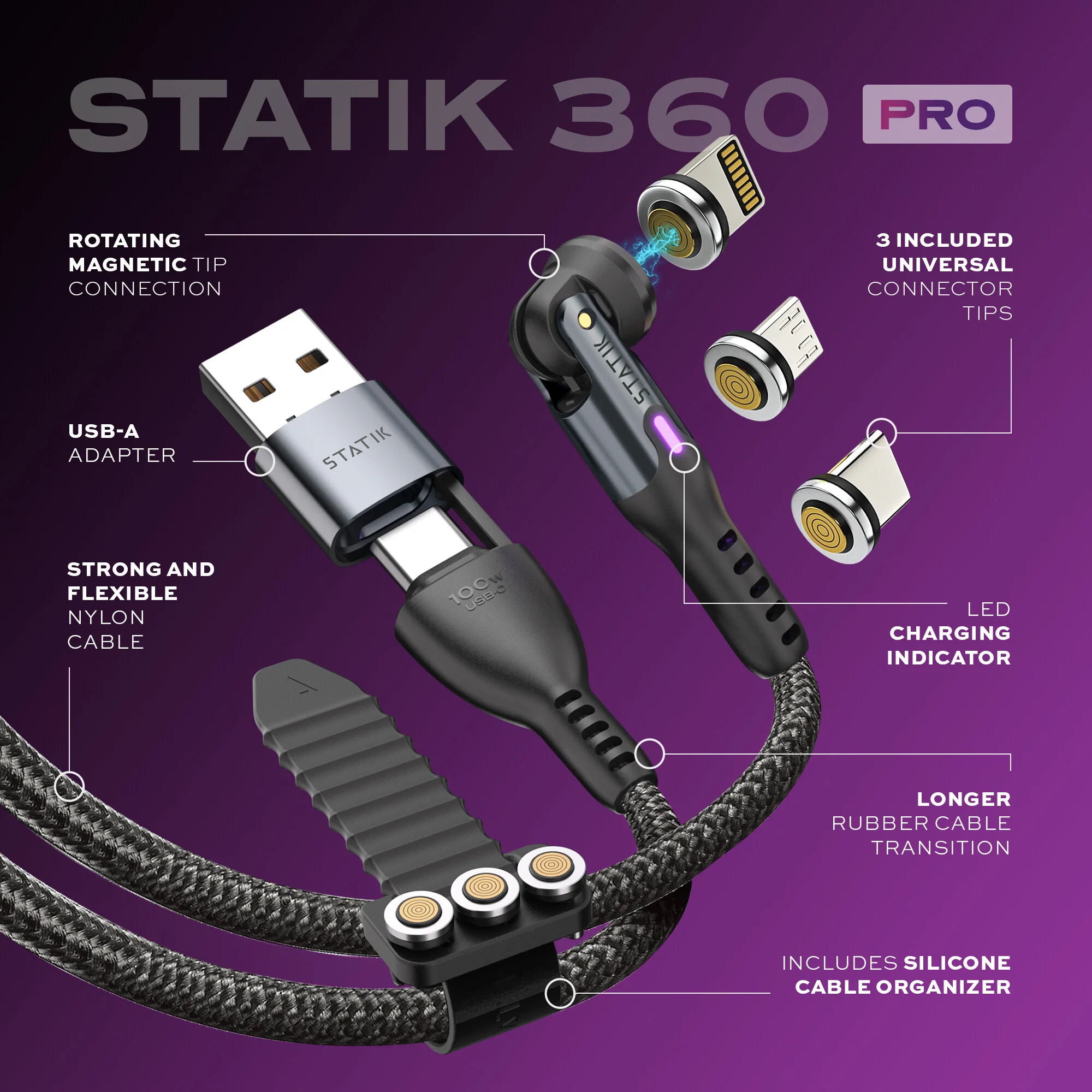 Statik 360 Pro | Universal 5-in-1 Ultra-Fast Rotating Magnetic Charging & Data Transfer Cable | USB-C, Lightning & Micro-USB / PMX - Image 3